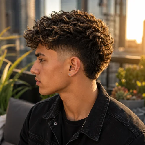 Curly hair with highlights and a clean burst fade haircut