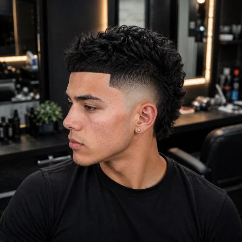 Burst fade haircut with a clean line up and textured curly top in a barbershop