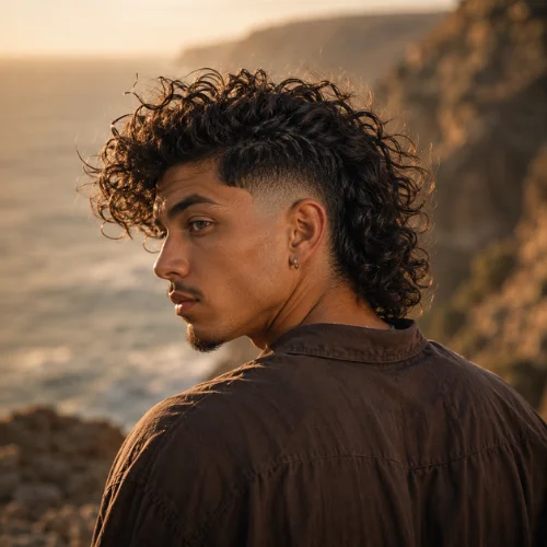 Burst fade haircut with long curly hair and clean tapered sides