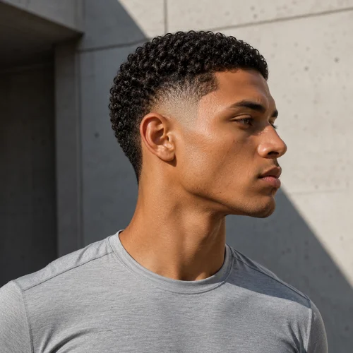 Burst fade haircut with short defined curls and clean tapered sides