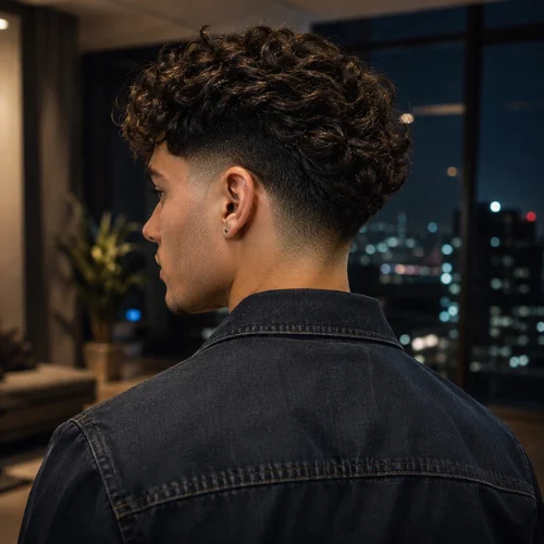 Young man with a curly burst fade haircut and tapered neckline, shown from the rear side profile