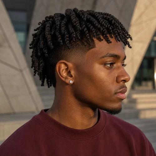 Burst fade haircut with textured twists and clean faded sides