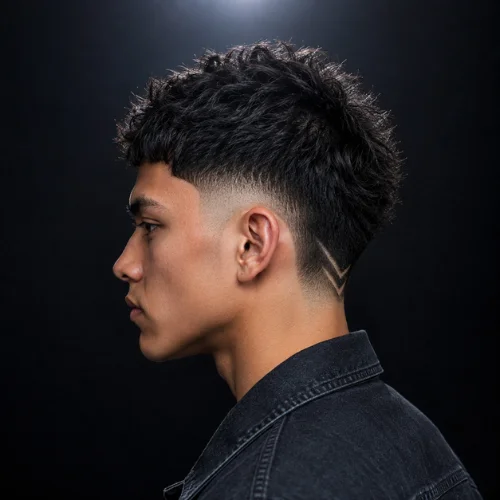 Burst fade haircut with V-shaped shaved design and textured hair in side profile