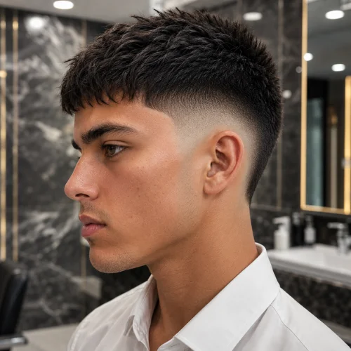 Burst skin fade haircut with textured top and clean faded sides