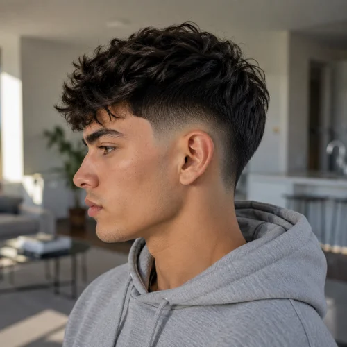 Burst taper fade haircut with curly textured top and clean tapered sides