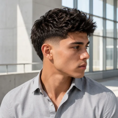 Modern burst temple fade haircut with textured dark hair and clean tapered sides
