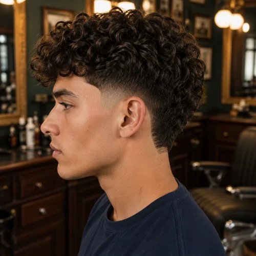 Classic curly burst fade haircut with defined curls and clean fade