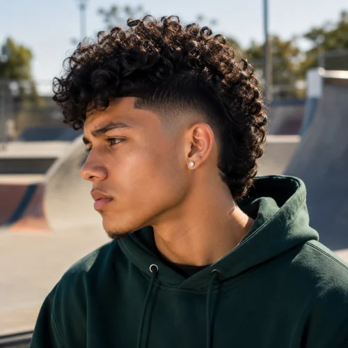 Curly Burst Fade Mohawk haircut on a young man at an outdoor skate park