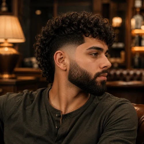Curly burst fade haircut with a full beard and clean tapered sides