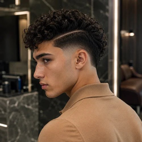 Young man with a curly burst fade haircut and defined hard part, shown in a three-quarter rear side profile