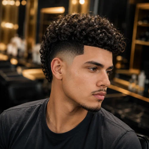 Curly burst fade haircut with sharp line-up and defined textured curls