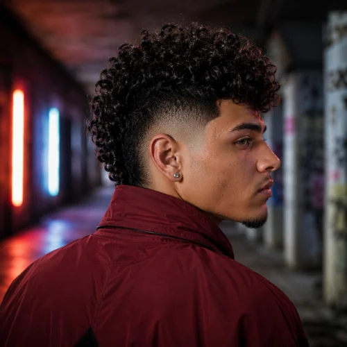 Curly mohawk burst fade haircut with defined curls and a clean fade around the ears