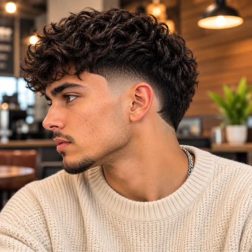Drop burst fade haircut with curly textured top and tapered neckline