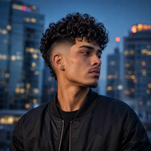 High burst fade haircut with defined curly top and clean faded sides