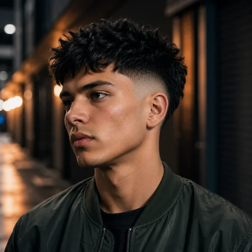 High burst fade haircut with textured curly top and clean tapered sides