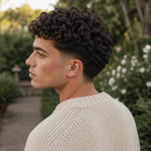 Low burst fade haircut with natural curly hair and clean tapered sides