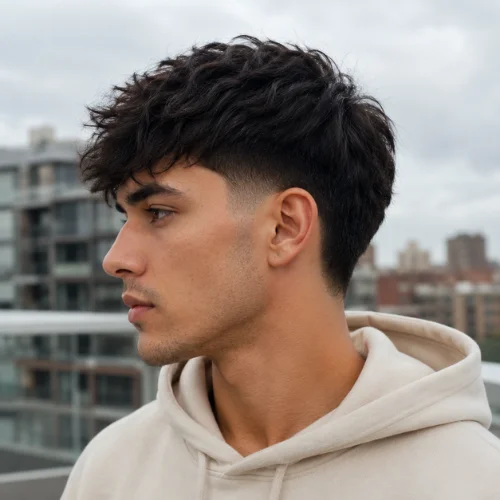 Low burst fade with tapered sides and textured dark hair