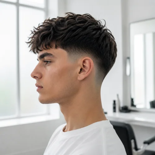 Low burst fade haircut with textured top and tapered sides