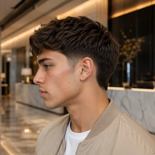 Low burst fade haircut for men with textured wavy hair, side profile