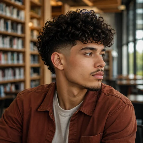 Mid burst fade haircut with voluminous curly hair and clean faded sides