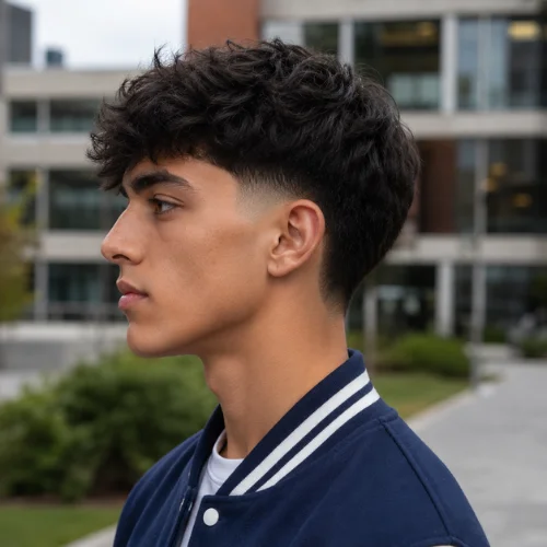 Young man with a mid taper burst fade haircut and textured curly hair, shown in side profile