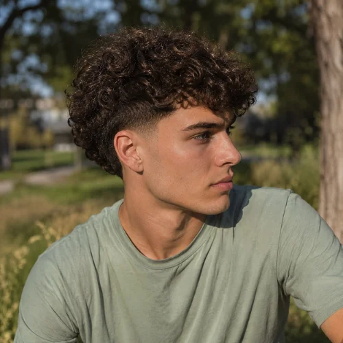 Young man with a natural curly burst fade haircut and voluminous dark curls, shown in a three-quarter side profile outdoors