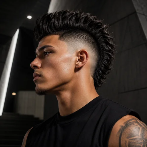 Sleek Mohawk Burst Fade haircut with a clean skin fade and textured top