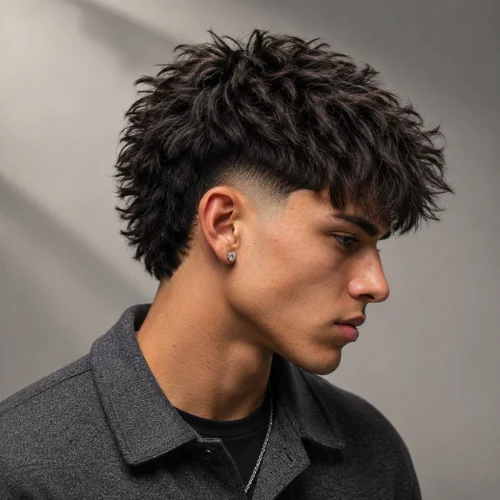 Young man with a textured burst fade haircut and messy voluminous hair, shown in side profile