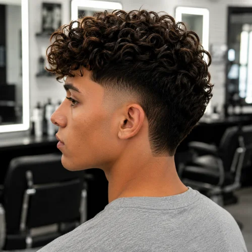 Burst fade curly hair with textured curls and a clean taper fade