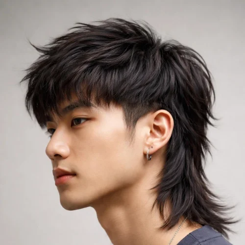 Asian-inspired burst fade mullet with spiky textured layers and long feathered mullet back