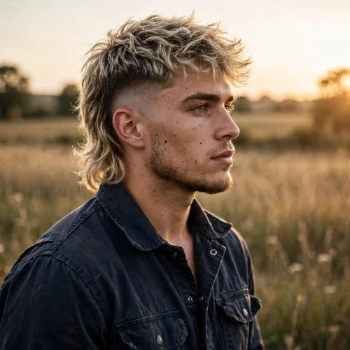 Blonde burst fade mullet with bleached spiky top and wavy blonde mullet back