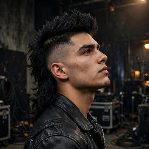 Burst fade mohawk mullet with spiky mohawk top and long wavy mullet back