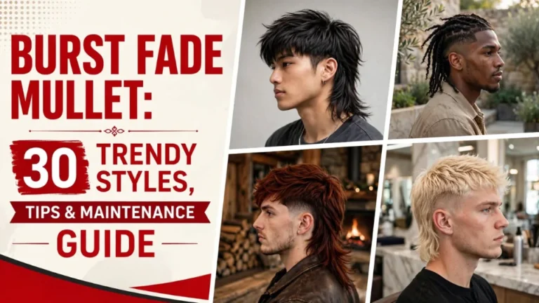 Burst Fade Mullet: 30 Trendy Styles, Styling Tips & Maintenance Guide featuring four men with different burst fade mullet hairstyles.