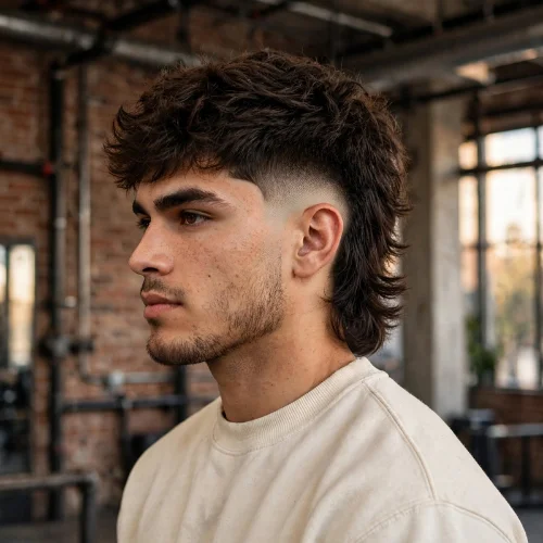Burst fade mullet for thick hair with voluminous textured crop and full mullet back