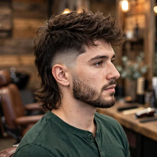Burst fade mullet with beard featuring textured messy top, clean burst fade and full mullet with beard fade