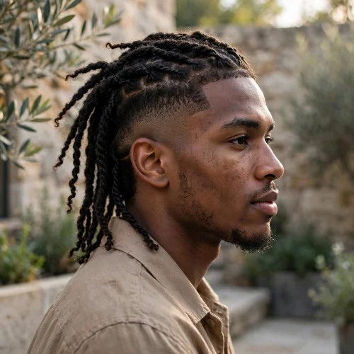 Burst fade mullet with braids and twists featuring two-strand twists and clean burst fade