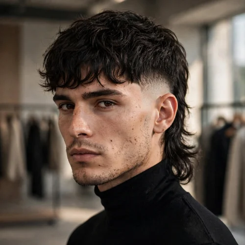 Burst fade mullet with fringe featuring curly textured bangs and long wavy mullet back