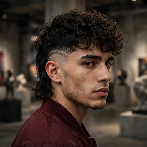 Burst fade mullet with hair design featuring curly top and triple line shaved design on burst fade