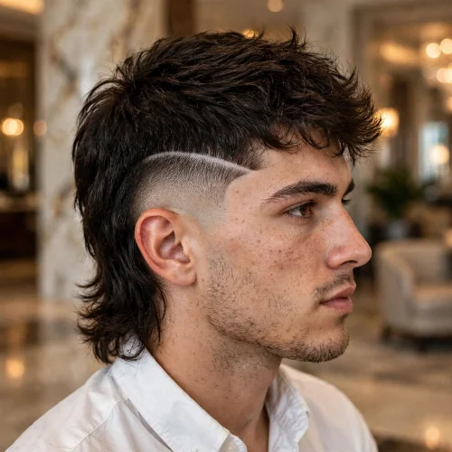 Burst fade mullet with hard part line featuring textured crop top and curved shaved part