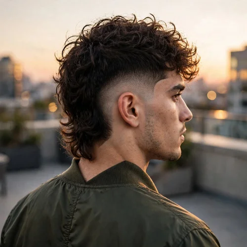 Burst fade mullet with V-shaped neckline featuring curly textured top and tapered V cut at nape