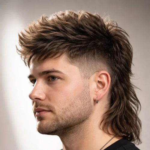 Classic Burst Fade Mullet hairstyle with textured hair on top and a clean fade around the sides.