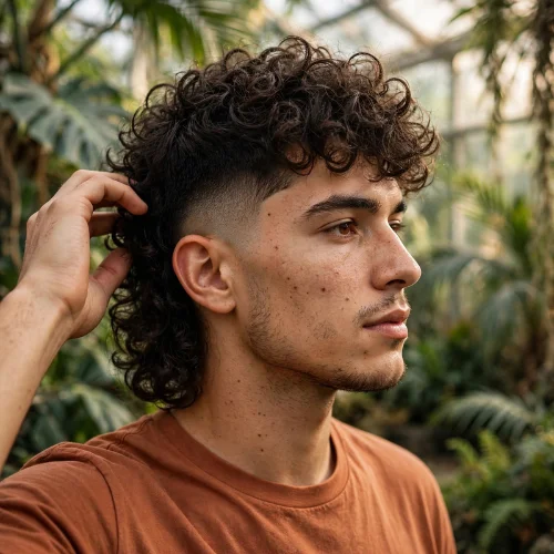 Curly hair burst fade mullet with tight curls and low burst fade
