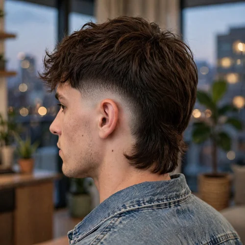 Drop burst fade mullet haircut with curly textured top and wavy mullet back