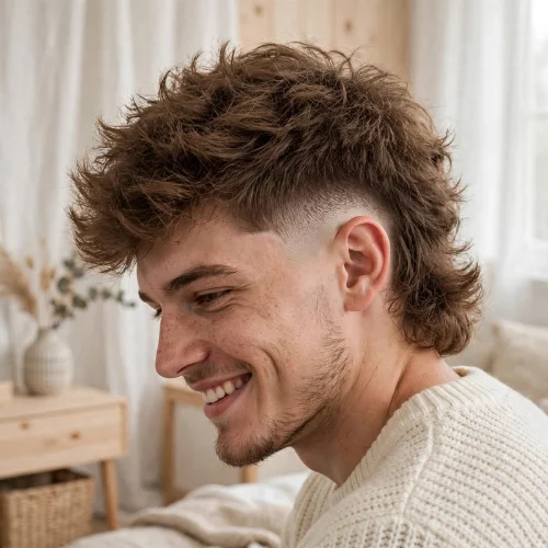Fluffy burst fade mullet with voluminous soft curls and full rounded mullet back