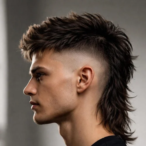 High burst fade mullet haircut with spiky textured top and long mullet back
