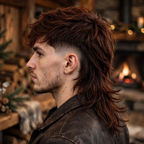 Long burst fade mullet with thick wavy brown hair and extended mullet back