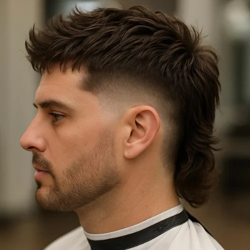 Low burst fade mullet haircut with textured crop top and short curly mullet at back