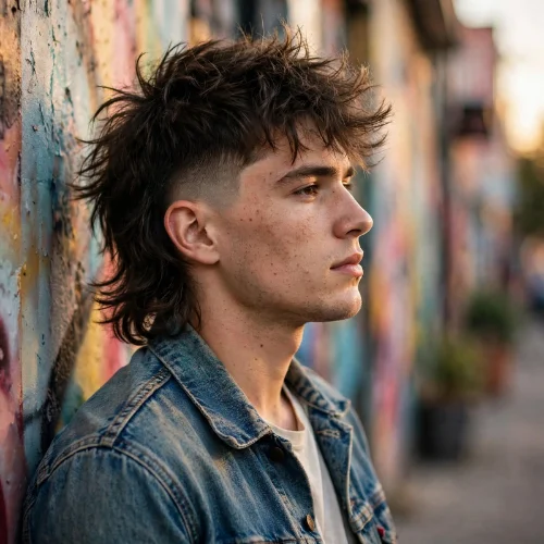 Messy burst fade mullet with tousled textured top and natural wavy back