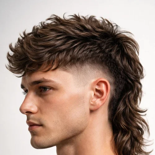 Mid burst fade mullet haircut with wavy textured top and flowy mullet back