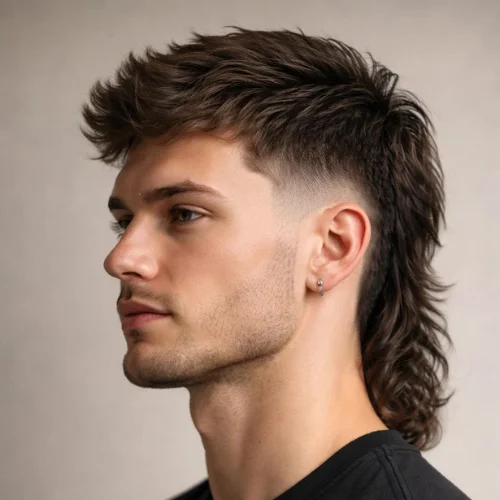 Modern burst fade mullet haircut with textured spiky top and long wavy hair at the back